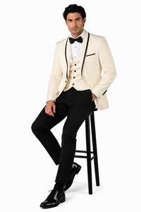 3-Piece Tailored Fit Wool Suit with Bow Tie and Flat Front Pants - Off-White