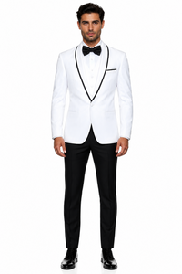 3-Piece Tailored Fit Wool Suit with Bow Tie and Flat Front Pants - White