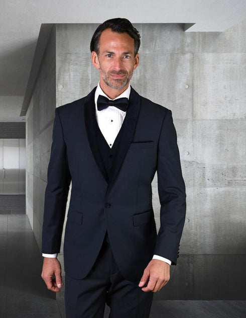 Mens Vested Wool Tuxedo with Velvet Shawl Lapel in Navy