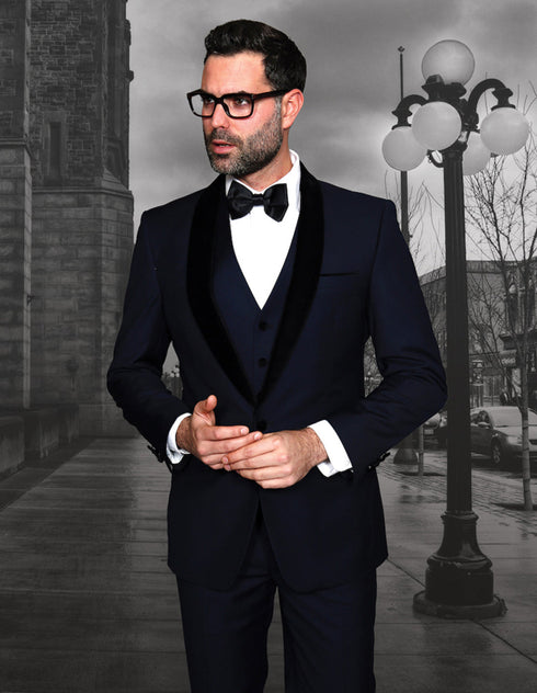 Mens Vested Wool Tuxedo with Velvet Shawl Lapel in Dark Navy