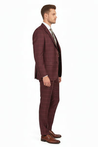 Men’s Burgundy Checkered 3-Piece Suit – Windowpane Classic Fit Plaid Blazer with Vest and Pants