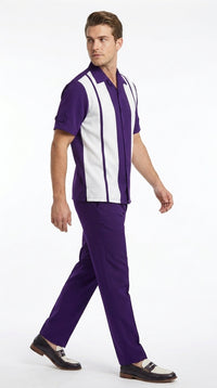 Men’s Purple and White Walking Suit – 2-Piece Short Sleeve Casual Leisure Outfit