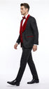 Men’s Black Paisley Tuxedo with Red Velvet Shawl Lapel – 3 Piece Wedding Prom Suit With Matching Bowtie