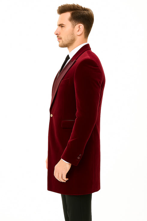 Men’s Burgundy Tuxedo in  Velvet  Long Blazer – Victorian Cutaway Tuxed  Suit 1920s Gangster Style Long Jacket with Black Pants