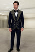 Men’s Navy Tuxedo with Gold Embroidery – Slim Fit Formal Dinner Jacket with Shawl Lapel