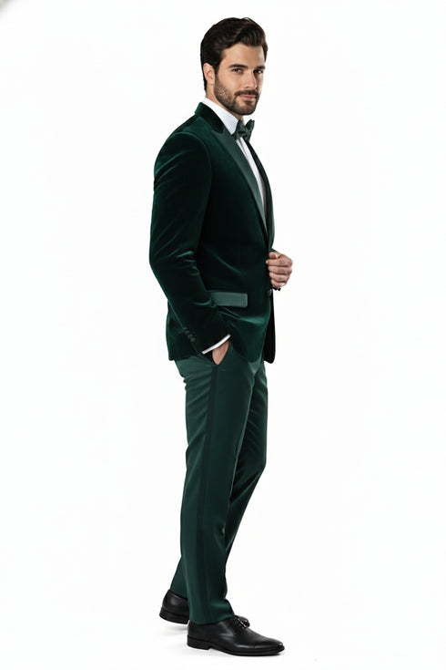 Men’s Dark Green Velvet Tuxedo Dinner Jacket – Slim Fit Formal Blazer with Satin Peak Lapel Lape