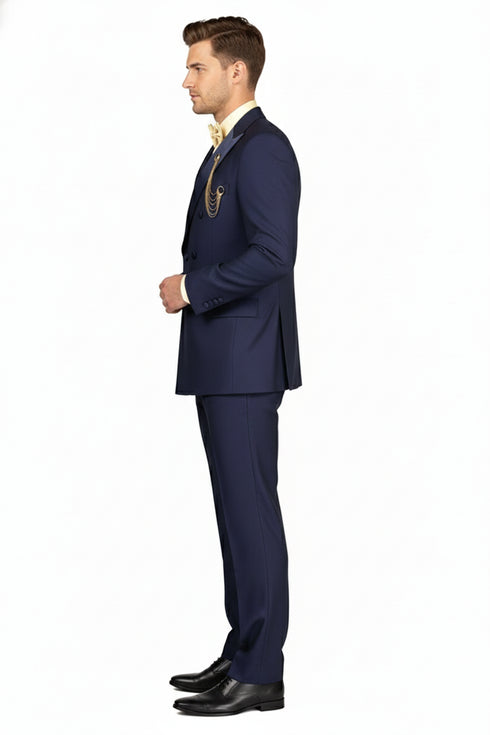 Men’s Navy Blue Double-Breasted Tuxedo with navy Satin Peak Lapel Wedding Suit