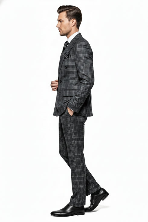 Men’s Charcoal Plaid Double-Breasted Suit –  Tailored Pants Windowpane Pattern By Rossiman