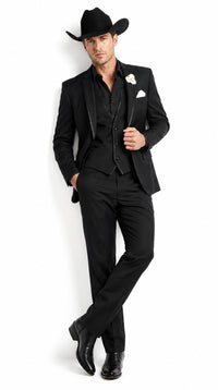 Men’s Black Western Tuxedo Suit, 3 Piece Cowboy Formal Wedding Prom Suit with Satin Trim