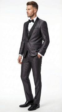 Men’s Shiny Sateen Charcoal Gray Tuxedo 3 Piece Suit with Black Shawl Lapel | Formal Wedding Prom Suit Sharkskin