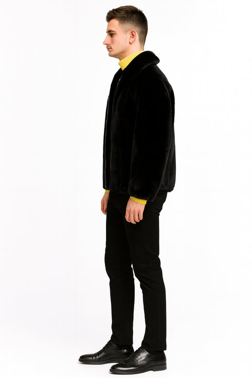 Men’s Black Faux Fur Jacket – Luxury Winter Zip-Up Coat with Soft Plush Finish