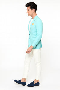 Men’s Aqua Blazer – Slim Fit One Button Suit Jacket with Stylish Floral Inner Lining - Light Turquoise