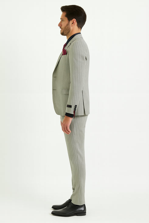 Men’s 3-Piece Light Grey Pinstripe Suit with Vest – Classic Business, Wedding, and Formal Attire
