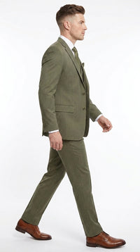 Men’s Olive Green Tone-on-Tone Shadow Pinstripe  3 Piece Suit – Modern Formal Suit with Vest Shadow Stripe