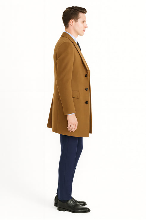 Men’s Camel Brown Wool Overcoat – Classic Long Dress Coat for Business and Casual Wear in Vecuna Color