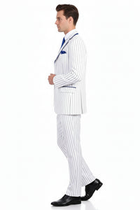 Men’s White and Royal Blue Pinstripe 3-Piece Suit – Classic Fit Blazer with Vest, Pants, and Tie