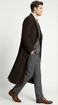 Men’s Brown Long Overcoat – Double Breasted Classic Formal Winter Coat for Business, Topcoat and Cold Weather Wear
