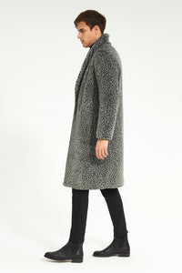 Men’s Luxury Long Grey Faux Fur Coat – Winter Overcoat with Animal Print Design