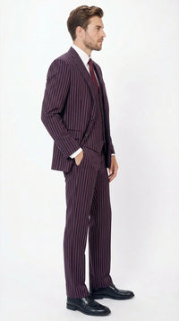 Men’s Plum Eggplant Pinstripe 3 Piece Suit – Burgundy Purple Formal Suit  Gangster 1920s Mafia Pimp Suit