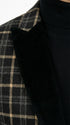 Mens Tartan Black and Gold Check Blazer – Windowpane Plaid Sport Coat Velvet Lapel Formal Party Jacket Chirsitmas New Year Holiday Jacket