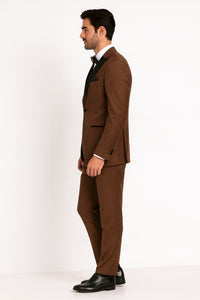 Men’s Light Brown Tuxedo Suit with Black Satin Lapel – 3 Piece Formal Wedding & Prom Outfit - Country Look