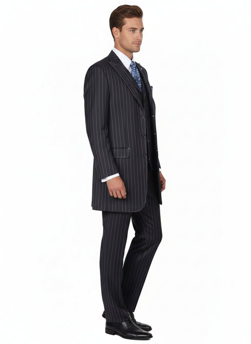 Men’s Three Button Suits -  Navy Blue Pinstripe Three-Piece Suit – Classic Business and Formal Wear with Tailored Fit