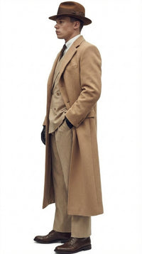 Men’s Cashmere & Wool Camel Beige Long Overcoat – Peaky Blinders Style Vintage Formal Coat + Suit + Hat Package