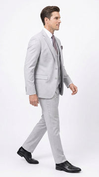 Men’s Light Grey Sharkskin 3 Piece Business Suit – Slim Fit Two Button Vested Wedding & Silver Suit