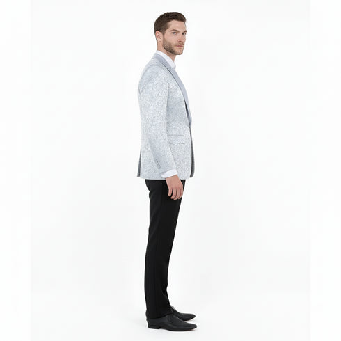 Big and Tall Men’s Silver Gray Paisley Tuxedo Jacket – Satin Shawl Lapel Blazer for Weddings, Proms, and Formal Event