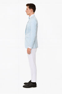Mens Light Blue Paisley Tuxedo Jacket with Matching Bow Tie – Slim Fit Blazer for Weddings, Prom, and Formal Events