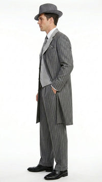 Men’s Grey Pinstripe Zoot Suit 3 Piece – 1920s Gangster Vintage Wide Lapel Suit with Vest for Wedding, Party