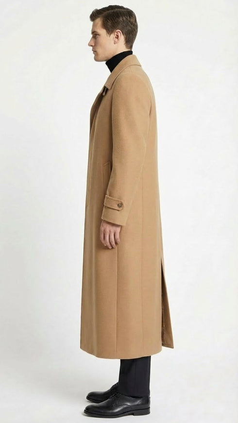 Men’s Full-Length Camel Overcoat – Classic Long Microfiber-Blend Coat for Winter and Formal Wear Maxi Duster Coat