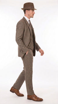 Men’s Brown Herringbone 3 Piece Suit – Vintage 1950s Inspired Tweed Vested Classic Suit
