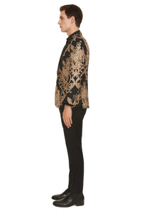 Mens Black and Rose Gold Floral Embroidered Blazer Suit Black Pants – Luxury Tuxedo Jacket for Weddings, Proms and Parties