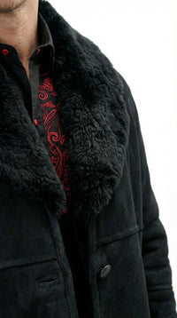 Men’s Black Sheepskin Leather Jacket Cowboy – Warm Faux Fur Collar Coat, Winter Long Jacket, Casual Western Style Outerwear