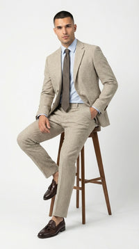 Men’s Light Tan Tweed Suit – Classic Beige Two Piece Suit, Herringbone Formal Wear, Vintage Style Business & Wedding Outfit for Men