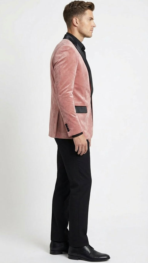 Men’s Dusty Rose Pink Velvet Blazer with Black Satin Lapel | Formal Sport Coat in Mauve Color + Bowtie