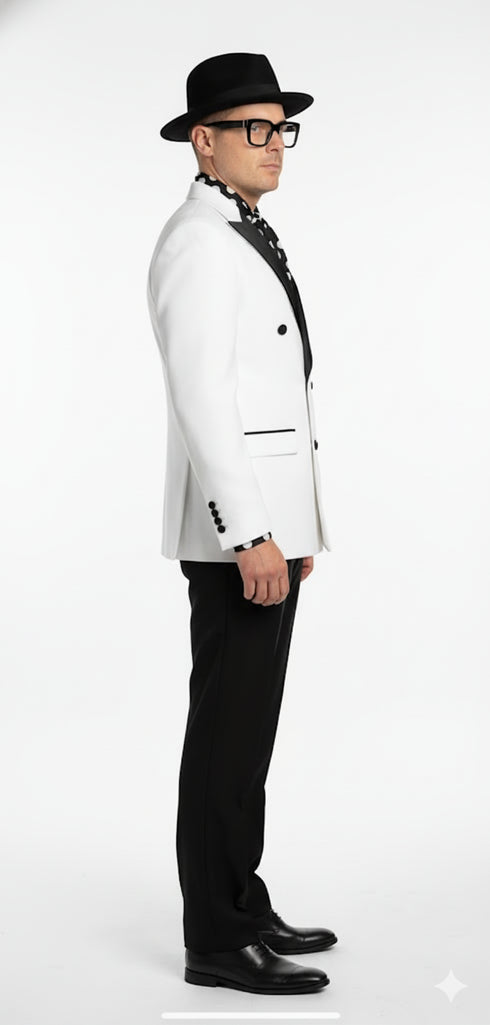 Men’s White and Black Double-Breasted Tuxedo – Modern Slim Fit Formal Suit for Weddings, Parties, and Special Occasions