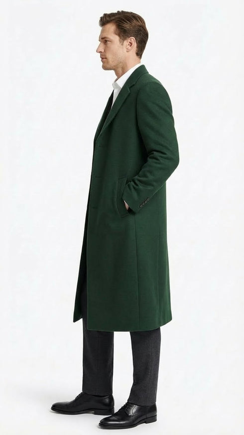 Men’s Hunter Green Full-Length Wool Overcoat – Classic Winter Dress Coat for Formal and Casual Wear Topcoat Mens Wintercoat