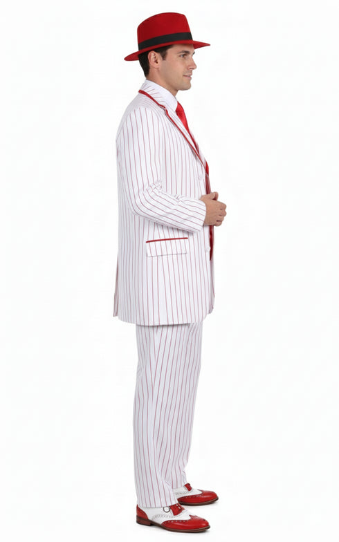 Men’s 1920s White and Red Pinstripe Zoot Suit with Fedora Hat and Wingtip Shoes – Vintage Gangster 3-Piece New Year Holiday Christmas Suit