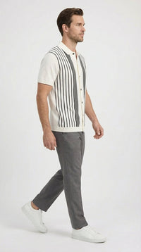 Mens White and Charcoal Gray Stripe Walking Suit Set – Short Sleeve Button Shirt and Pants Casual Summer Outfit for Travel, Vacation and Everyday Wear