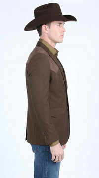 Men’s Dark Brown Western Blazer with Suede Yoke – Cowboy Sport Coat with Western Shoulder Details
