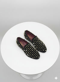 Men’s Studded Velvet Loafers – Designer Party and Prom Dress Shoes with Gold and Silver Spikes