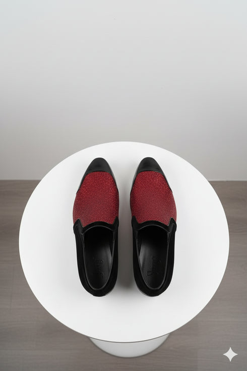 Men’s Red Glitter Tuxedo Loafers – Shiny Slip-On Dress Shoes with Black Patent Toe for Parties and Formal Events