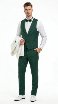 Men’s White and Hunter Green 3 Piece Suit – Elegant Formal Suit with Vest, Wedding Tuxedo Suit for Prom and Party Wear