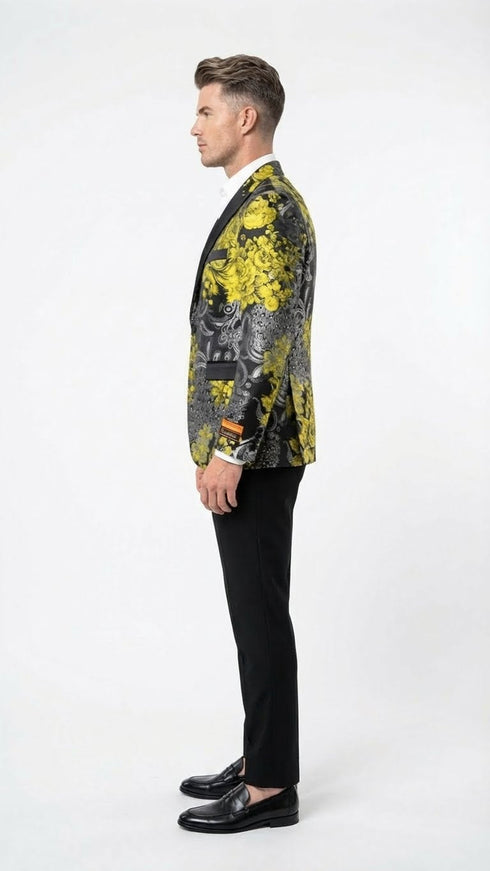 Men’s Yellow Tuxedo Black and Gold Floral Pattern Blazer | Formal Jacket - Prom Dinner Jacket + Black Pants + Bowtie