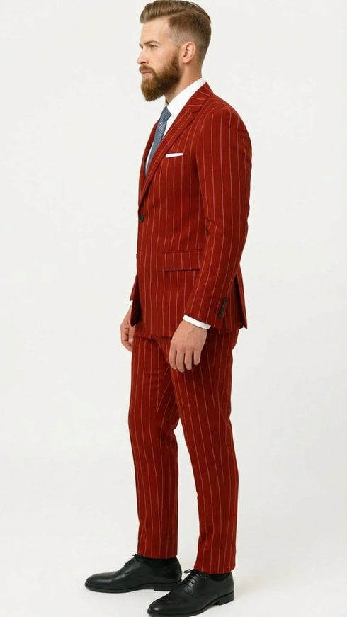 Men’s Red Pinstripe Suit – Stripe Two-Button Vested Suit 2 Buttons