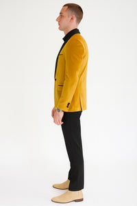 Men’s Mustard Gold Velvet Tuxedo Jacket – Slim Fit Dinner Blazer with Black Satin Shawl Lapel + Free Black Pants & Bowtie