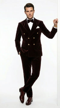 Men’s Dark Brown Velvet Blazer and Pants 2 Piece Suit, Double Breasted Formal Dinner Suit for Weddings, Prom