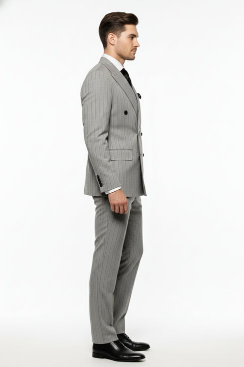 Men’s Grey and Black Pinstripe Double-Breasted Suit – 1920s Gangster Vintage Looking suit By Rossiman